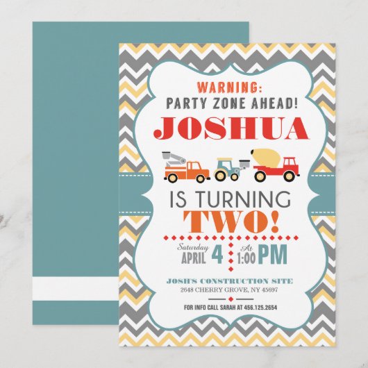 Bouwwagen Chevron Verjaardag Uitnodiging (Voorkant / Achterkant)