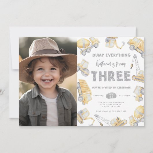 Bouwwagen DRIE 3e verjaardagsfeest Kaart (Voorkant)