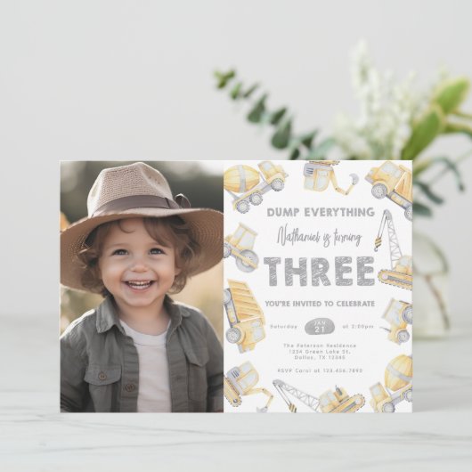 Bouwwagen DRIE 3e verjaardagsfeest Kaart (Staand voorkant)