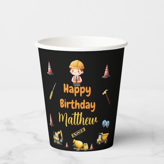 Bouwwagen kids verjaardag Papieren beker (Voorkant)
