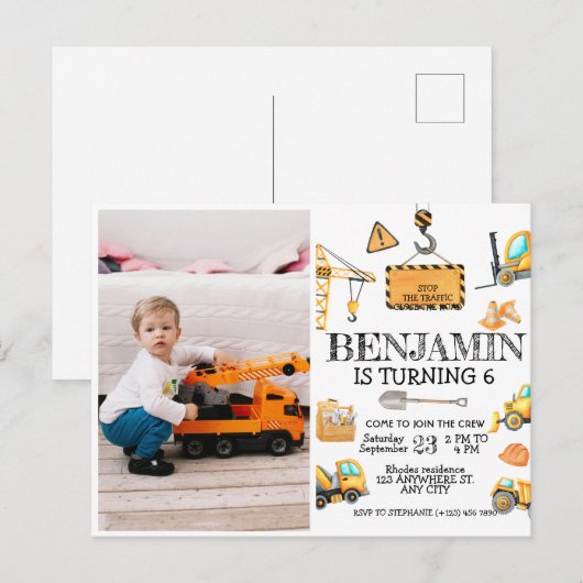 Bouwwagen Kids Verjaardagsfeestje Foto Briefkaart (Voorkant / Achterkant)