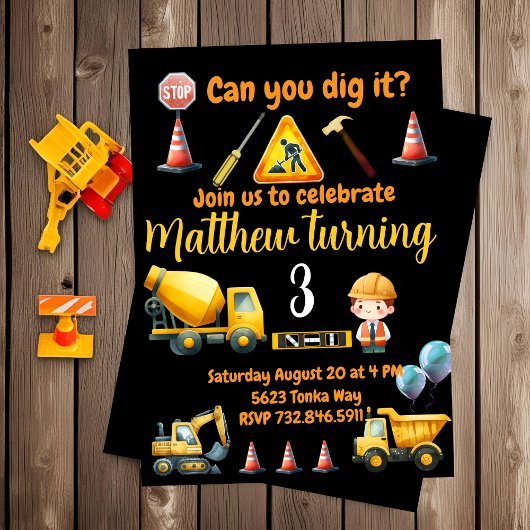 Bouwwagen kids verjaardagsuitnodiging kaart