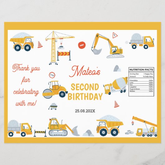 Bouwwagen Verjaardag Chip Bag Wrapper Flyer (Voorkant)