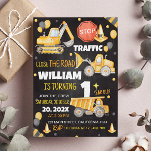 Bouwwagens 1e verjaardag uitnodiging