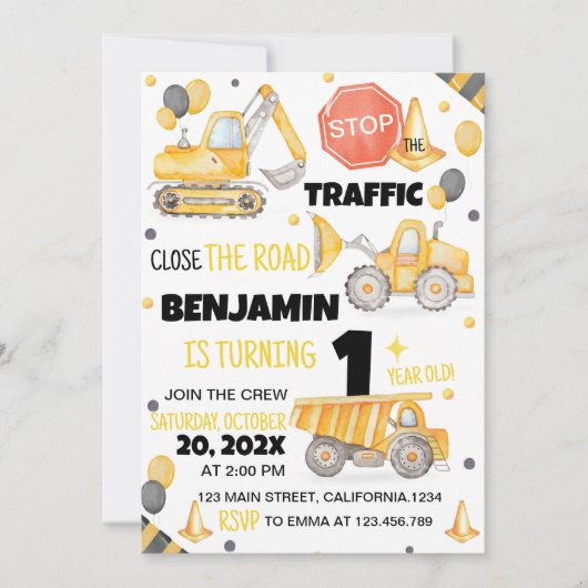 Bouwwagens 1e verjaardag uitnodiging (Voorkant)