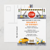 Bouwwagens 1e Verjaardagsfeestuitnodiging Briefkaart (Voorkant / Achterkant)