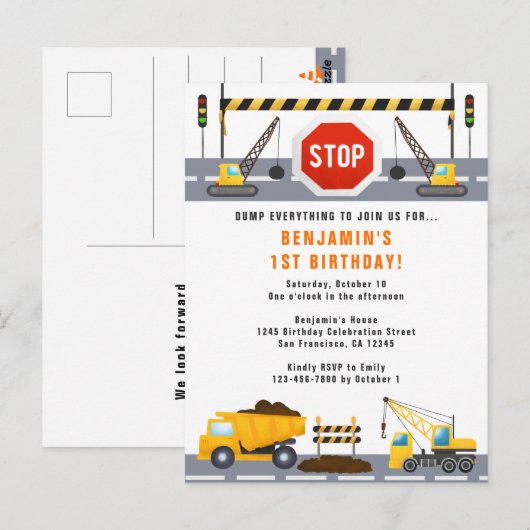 Bouwwagens 1e Verjaardagsfeestuitnodiging Briefkaart (Voorkant / Achterkant)