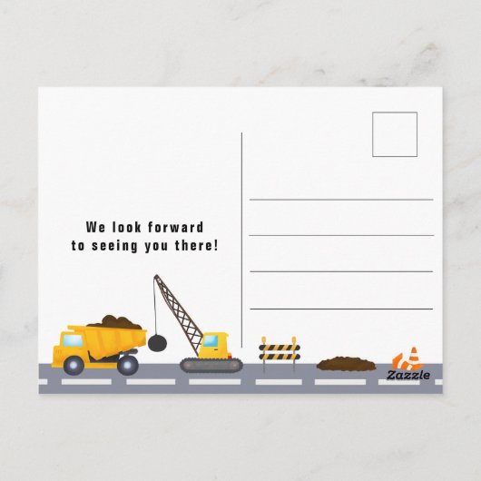 Bouwwagens 1e Verjaardagsfeestuitnodiging Briefkaart (Achterkant)