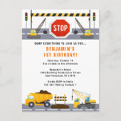 Bouwwagens 1e Verjaardagsfeestuitnodiging Briefkaart (Voorkant)