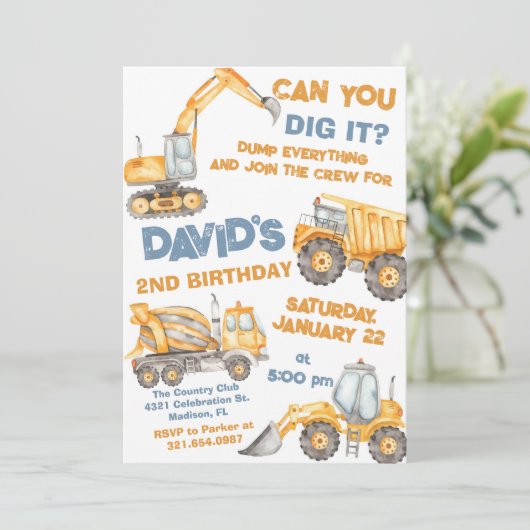 Bouwwagens 2e verjaardagsfeestje kaart (Staand voorkant)