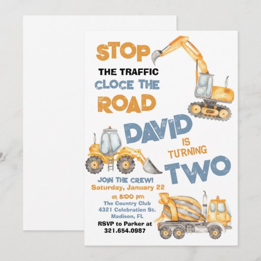 Bouwwagens 2e verjaardagsfeestje kaart (Voorkant / Achterkant)