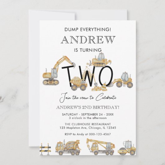 Bouwwagens 2e verjaardagsfeestje kaart (Voorkant)