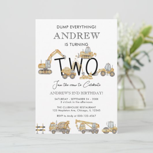 Bouwwagens 2e verjaardagsfeestje kaart (Staand voorkant)