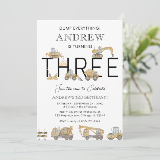 Bouwwagens 3e verjaardagsfeest uitnodiging (Staand voorkant)