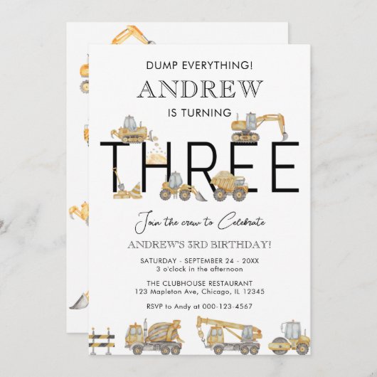 Bouwwagens 3e verjaardagsfeest uitnodiging (Voorkant / Achterkant)
