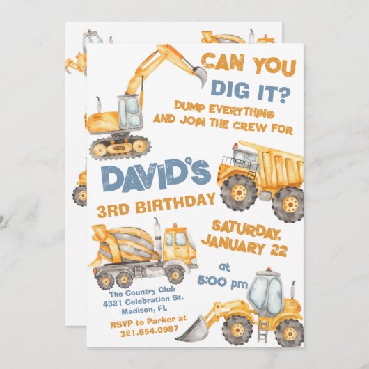 Bouwwagens 3e verjaardagsfeestje kaart (Voorkant / Achterkant)