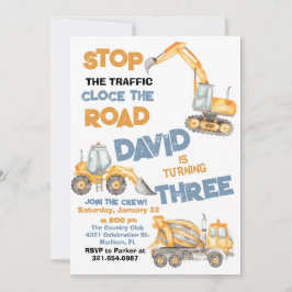 Bouwwagens 3e verjaardagsfeestje kaart