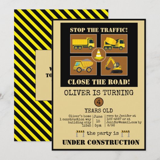 Bouwwagens | Boys Thmed Birthday Party Kaart (Voorkant / Achterkant)