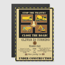 Bouwwagens | Boys Thmed Birthday Party Magnetische Uitnodiging