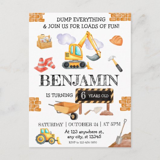 Bouwwerf Dump Truck Graver Feestje Briefkaart (Voorkant)