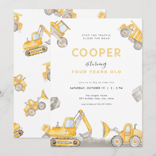 Bouwwerk-verjaardagsuitnodiging Jongen met stortwa Kaart (Voorkant / Achterkant)