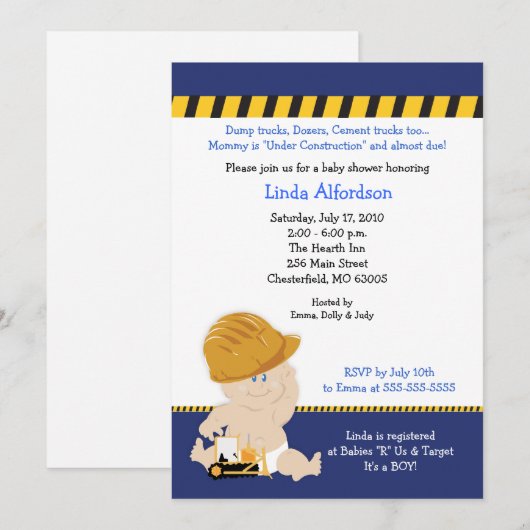 BOUWWERKER Baby shower Uitnodiging 5x7 (Voorkant / Achterkant)