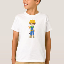 Bouwwerker, bruin haar, luiende jongen, hamer t-shirt