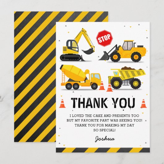 Bouwwerkthema vrachtwagens kinderverjaardag bedankkaart (Voorkant / Achterkant)