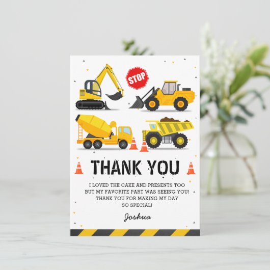 Bouwwerkthema vrachtwagens kinderverjaardag bedankkaart (Staand voorkant)