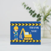 Bouwwerktuig graafmachine jongens blauw bedankt briefkaart (Staand voorkant)