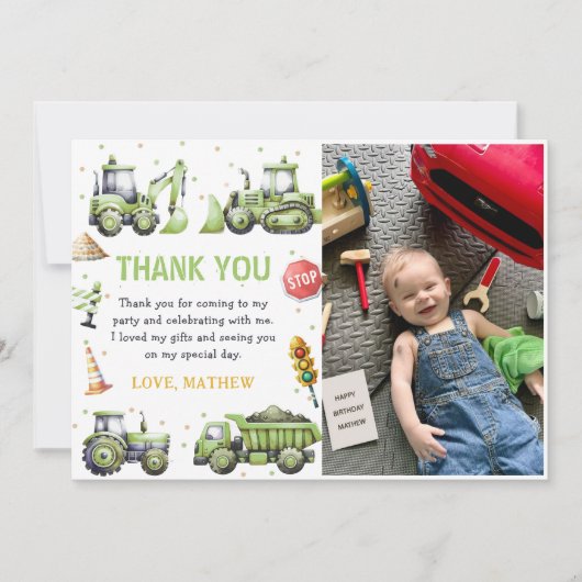 Bouwwerktuig graafmachine verjaardagsfoto bedankkaart (Voorkant)