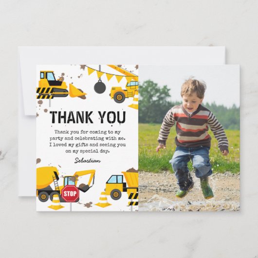 Bouwwerktuig Kinderen Verjaardagsfoto Bedankkaart (Voorkant)