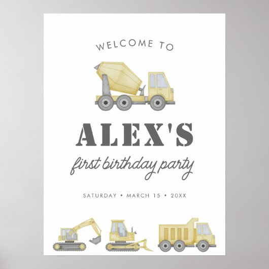 Bouwwerktuig Voertuigen Jongens 1e Verjaardag Poster (Voorkant)