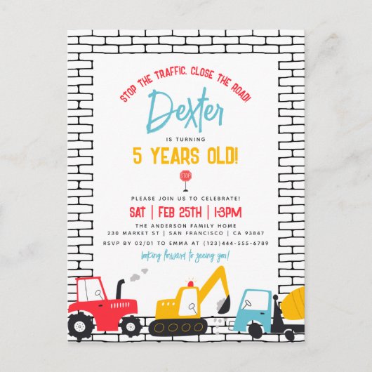 Bouwwerktuigen Jongen Verjaardag Ansichtkaart Uitnodiging Briefkaart (Voorkant)