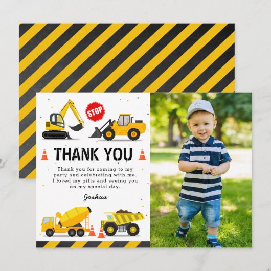 Bouwwerktuigkinderen verjaardagsfoto bedankkaart (Voorkant / Achterkant)