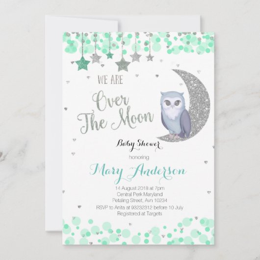 Boven de Moon Owl Baby shower Mint Green Kaart (Voorkant)