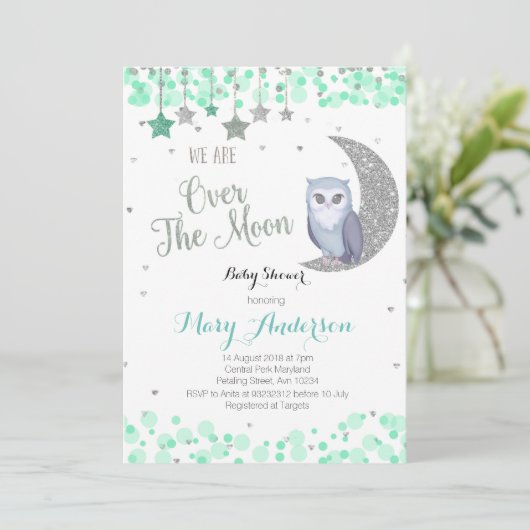 Boven de Moon Owl Baby shower Mint Green Kaart (Staand voorkant)