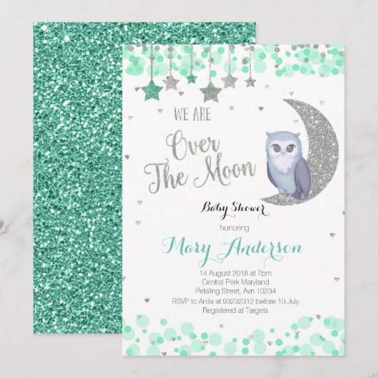 Boven de Moon Owl Baby shower Mint Green Kaart (Voorkant / Achterkant)