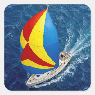 Bovenaanzicht van een zeiljacht met spinnaker vierkante sticker