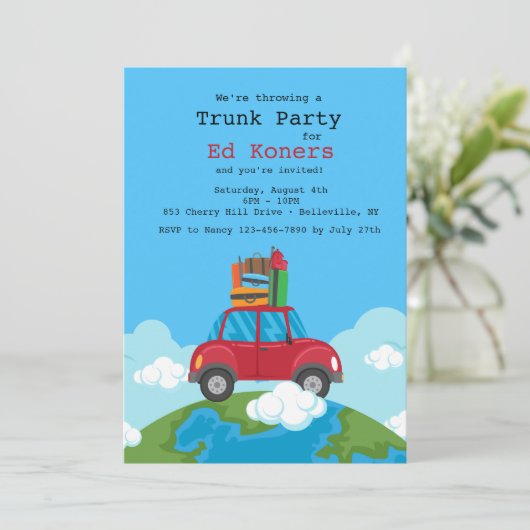 Bovenop de uitnodiging voor de World Trunk Party (Staand voorkant)