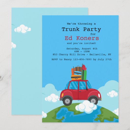 Bovenop de uitnodiging voor de World Trunk Party (Voorkant / Achterkant)