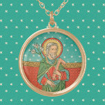 Bovenste Torso of St. Joseph (Detail; VVP 09) Goud Vergulden Ketting<br><div class="desc">In dit detail van een 19e-eeuwse Belgische devotionele print staat een volwassen, grijsharige Sint-Jozef voor een rode muur hangend met goudgele rand. Het wandtapijt is voorzien van gelijkarmige kruisen omgeven door geroteerde vierkanten. Hoe hij wordt opgehangen tart elke logische verklaring, omdat de achtergrond bestaat uit een oneindig diepe aqua-blauwe hemel,...</div>