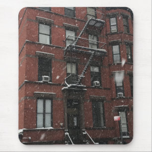 Bovenste westkant Brownstone Fire Escape NYC Snow Muismat