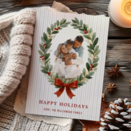 Bow and Greenery Oval Frame Holiday Photo Card Kaart