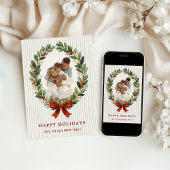 Bow and Greenery Oval Frame Holiday Photo Card Kaart