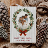 Bow and Greenery Oval Frame Holiday Photo Card Kaart