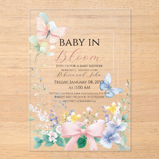  Bow Baby in Bloom Wildflower Baby shower Acryl Uitnodigingen (Voorkant)