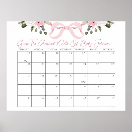 Bow Baby shower Guess de leverdatum Kalender Poster (Voorkant)