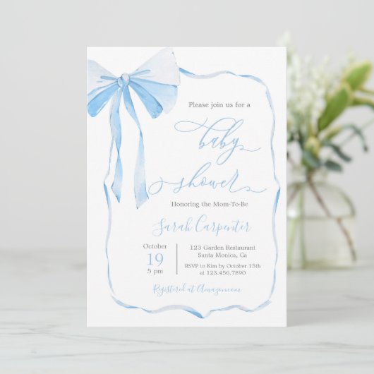 Bow Baby shower Jongensuitnodiging Kaart (Staand voorkant)