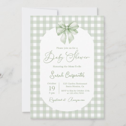 Bow Baby Shower Sage Green invitation with bow Kaart (Voorkant)